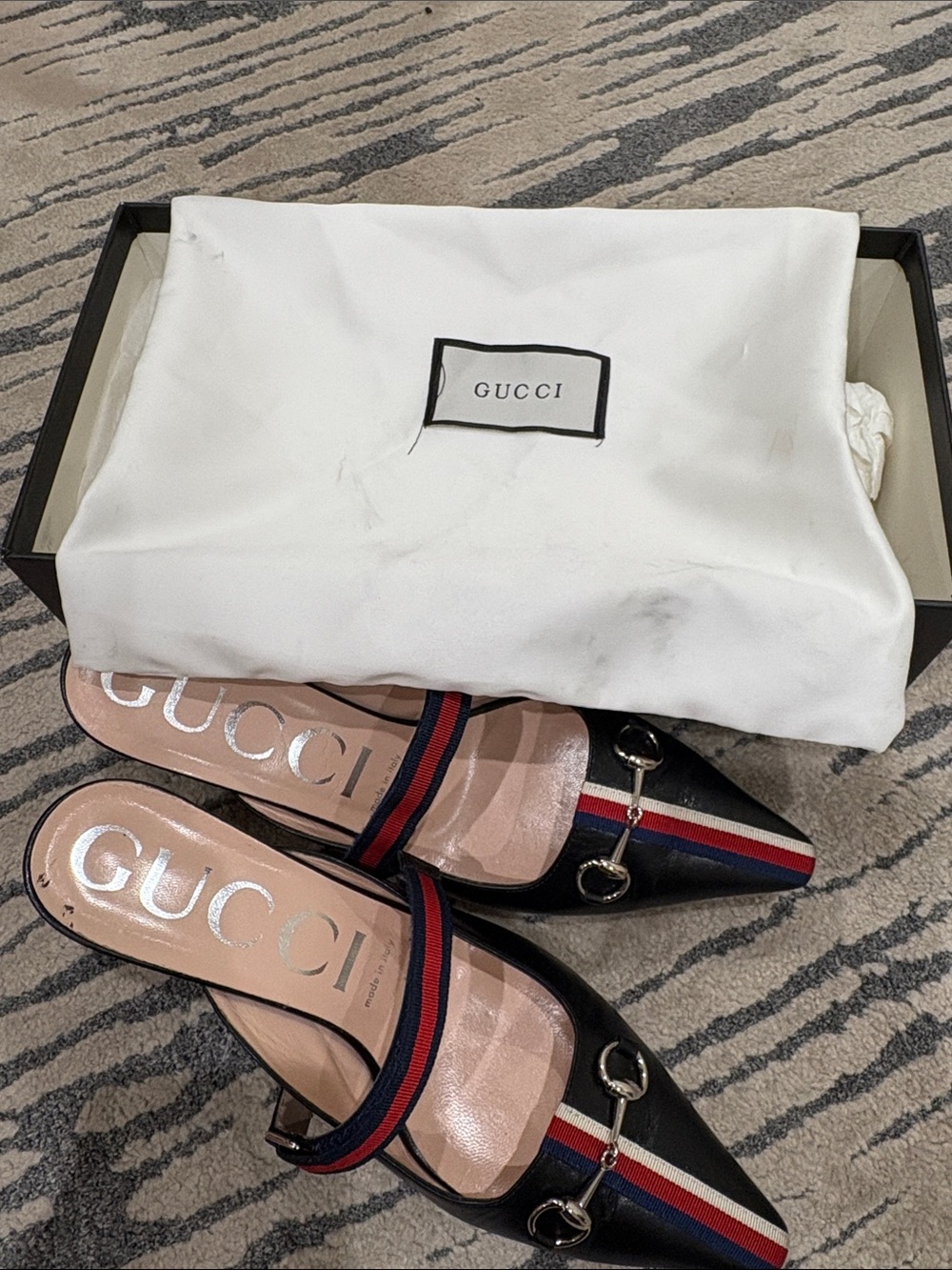 Gucci Sylvie Horsebit Slingback Pump Mule Black Web Stripe Mid Heel - Picture 10 of 15